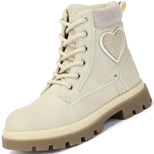 TZJS Stivali da ragazza, Bambini Lace-up Stivali da lavoro Ragazze All'aperto Escursioni Impermeabile Antiscivolo Lato Cerniera Stivali per Bambini Piccoli, beige., 34 EU