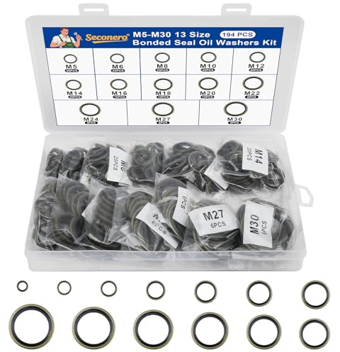Seconero 194 Pcs Bonded Seal Oil Washers Kit, 13 Sizes, Metal Rubber Sealing Rings, Drain Plug Gaskets, Bonded Seals Sump Plug Washer, Engine Oil Crush Washers (M5/6/8/10/12/14/16/18/20/22/24/27/M30)