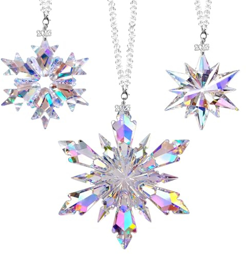 Lanpn 2025 Weihnachten Kristall Ornamente 3 STK, Jährliche Schneeflocken Stern Kristallornament, Kristalle Weihnachtsstern Christbaumschmuck Hängende Deko Geschenk Frauen Mädchen Winterurlaub, Bunt