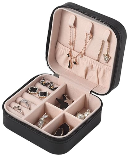 Topershow Schmuckkästchen Klein, Schmuckaufbewahrung Reise, Schmuckschatulle für Mädchen, Jewellery Box Tragbar, Schmuck Reiseetui Organizer für Ohrringe, Ringe,Armbänder, Halsketten (Schwarz)