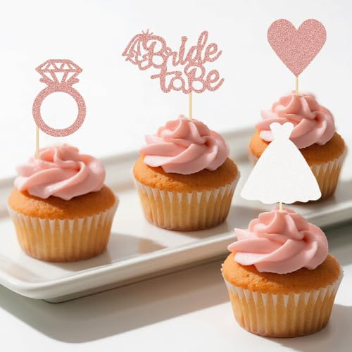 HSC Bride to Be Decorations, Bride to Be Cake Topper, 24 Pack Rose Gold White Glitter Cupcake Toppers, Pre-assembled Wedding Bridal Shower Theme Party Cake Decorations
