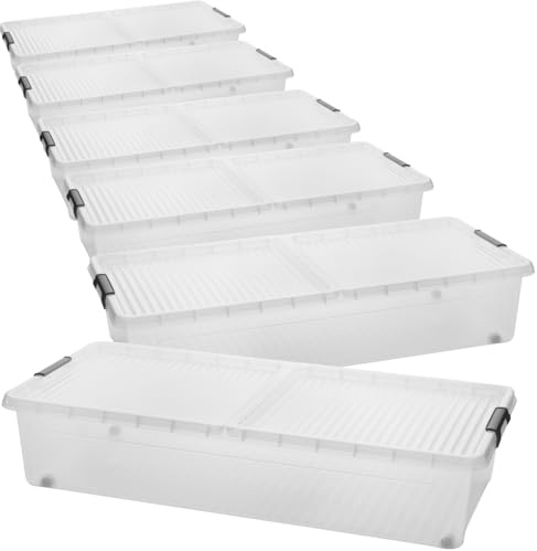 2friends Unterbett-Aufbewahrungsboxen 6er Set mit Rollen & geteiltem Deckel, Unterbettbox 32L Unterbettkommode Made in EU, 78x38x16cm Clip-Verschluss transparent