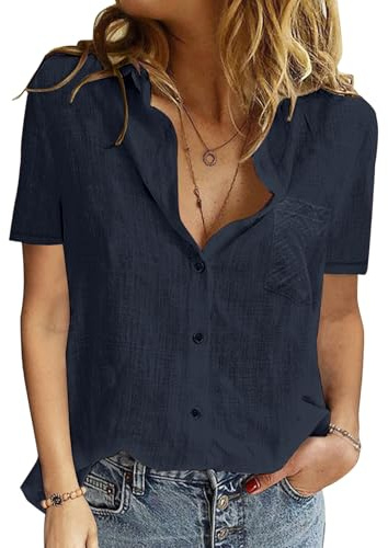 PASUDA Damskjorta Sommar Damblus Kortärmad Bomull Elegant Blus T-shirt V-ringning Toppar Knappar Mode Casual T-tröja Enfärgad Klassisk Tröja Tees, Marinblå, S