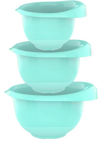 Engelland - 3er Set Backschüsseln mit Griff, Rührschüsseln, Salatschüsseln, robust, BPA-frei, stapelbar, rutschfeste Silikonfüße, Einhandausguss, Kunststoff, Farbe: Türkis