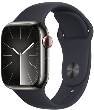 Apple Watch S9 [GPS + Cellular, 41mm] Edelstahlgehäuse in Graphit und Sportarmband in Mitternacht, M/L (Generalüberholt)