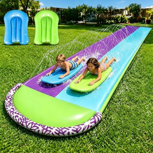 Wasserrutsche Garten, 6,1 * 1,4M Doppel Wasserrutschmatte, Wasserspielzeug Outdoor mit 2 Surfboard, Rasen Wasserrutsche Rutschmatte mit Sprinkler, Wasserbahn Duell für Garten Rasen