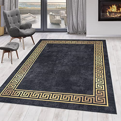 KADIMA DESIGN Teppich Mäander Griechisch Schwarz 200x290 cm Waschbar Pflegeleicht Wohnzimmer Schlafzimmer Oeko-TEX