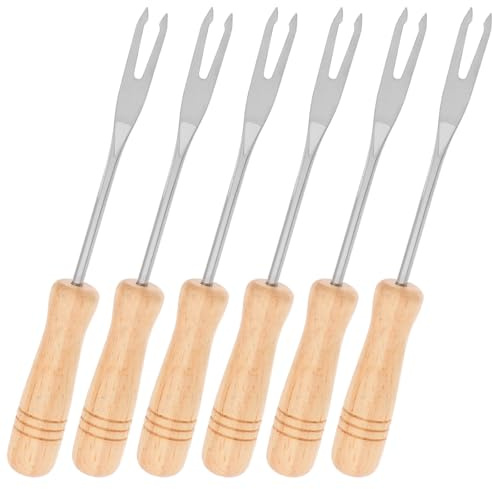 COMPUKAS 6 Stück Fonduegabeln aus Edelstahl mit Holzgriff Rutschfest und Tragbar für Schokolade Käse und Obst Beim Grillen oder Hause
