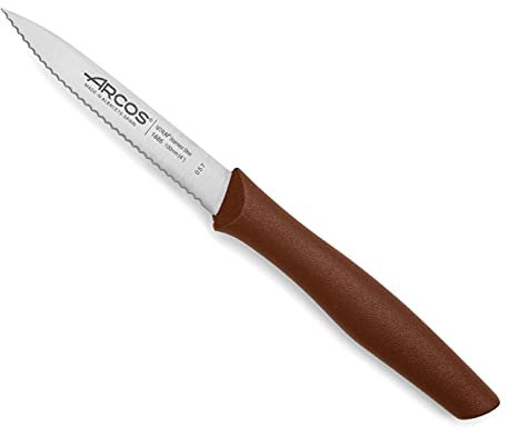 Arcos Serie Nova - Cuchillo Mondador - Hoja Serrada de Acero Inoxidable de 100 mm - Mango de Polipropileno Color marrón