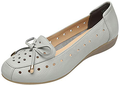 Jamron Women Genuine Leather Comfort Shoes Soft Sole Ballerinas Low Wedge Heel Slippers Hollowed Out Grey SN020628-2 UK6