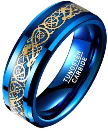 VAKKI 8mm Gold/Silver Celtic Dragon Tungsten Carbide Ring for Men Wedding Band with Blue/Black Carbon Fiber Inlay Size J 1/2-Z+3