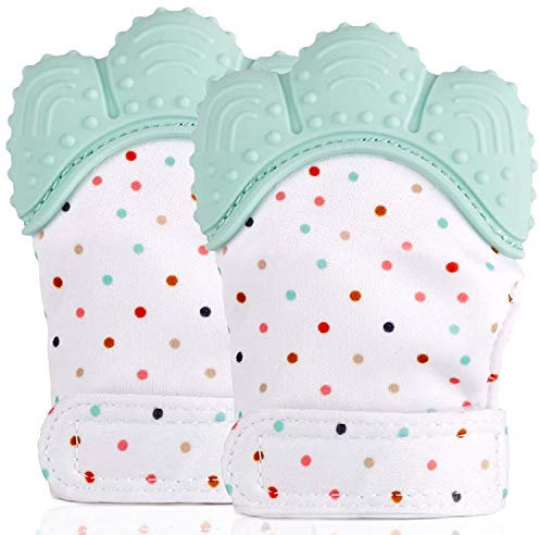 2 Pack Food Grade Silicone Teether Glove, Baby Teething Mitten - Prevent Scratches Protection Gloves Soothing Pain Relief Mitt Stimulating Teething Toys for Baby (Green)