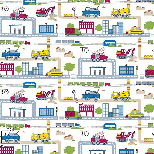 Pingianer 100x160cm Auto Baufahrzeuge Polizei Feuerwehr 100% Baumwolle Baumwollstoff Kinder Meterware Handwerken Nähen Stoff (Auto Straße, 100x160cm (11,99€/m))