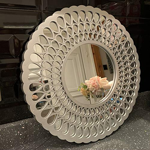 A2Z 39Cm Art Deco Metallic Look Silver Round Wall Mirror Moroccan Style