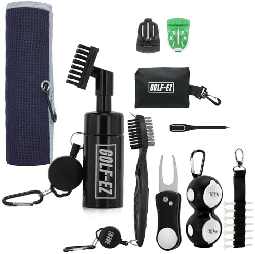Golf Essentials Kit | Must Have Golf Accessories - Golf Water Brush, Golf Towel, Golf Club Brush, Golf Ball Marker, Divot Repair Tool, Golf Ball & Golf Tee Holder, Golf Gifts for Men