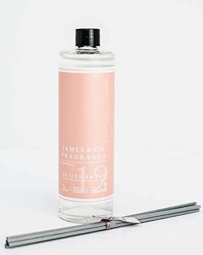 James & Co No.12 Rose & Oud (English Rose & Exotic Woods) 200ml Reed Diffuser Refill Bottle with 6 Fibre Reeds