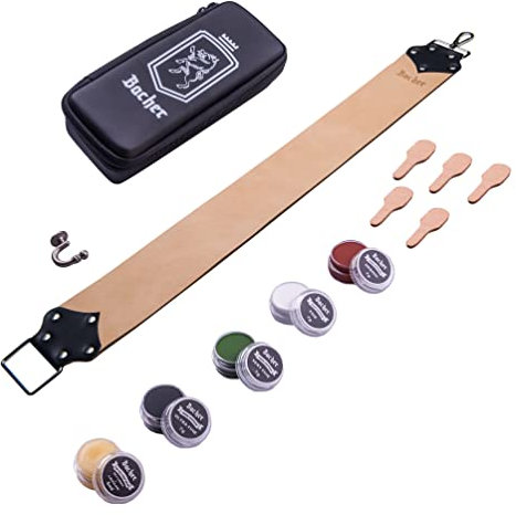 Bacher Shaving Strop Belt with Honing Compounds - Premium Straight Razor Strop Set - Wide Leather Strop Razor Sharpener, Sharpening Compound and Case (Long&Wide: 72x8 cm) - Manual Shaving Accessories