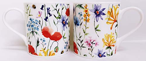 Wildflowers Meadow Mugs Set 2 Balmoral Fine Bone China Multi Colour Floral Cups Hand Decorated UK