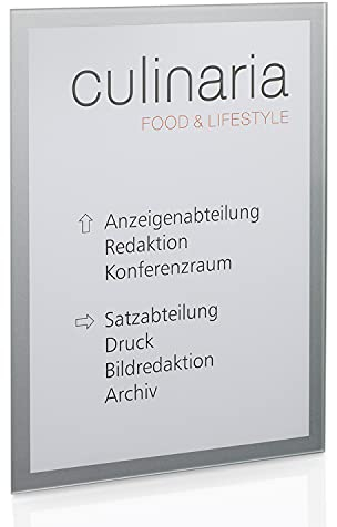 Betriebsausstattung24® beschriftbares Türschild und Infotafel | Raumkennzeichnung | Wegweiser | Aluminium & ESG Glas | silber | 23,1 x 31,9 cm | DIN A4