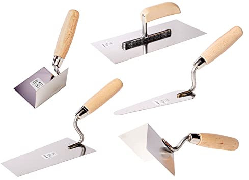 Maurerkellen-Set 5tlg - mit Holzgriff - rostfrei - Glättekelle (Traufel, Glättscheibe) Schwanenhalskelle - Katzenzungenkelle - Eckenkelle innen und außen