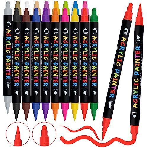 Tesquio Acrylstifte für Steine Wasserfest Dual Tip 18 Farben Stifte Steine Bemalen Wasserfest Multimarker Steine Zum Bemalen Acrylmarker für Holz, Leinwand, Glas, Papier, Keramik