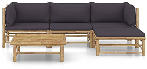 Yolola Gartenmöbel Set Bambus Gartenlounge mit Dunkelgrau Kissen Loungemöbel Terrasse Garten Lounge Sofa Outdoor Couch Set Sitzgruppe Garten Sofagarnitur Terassenmöbel 5-TLG