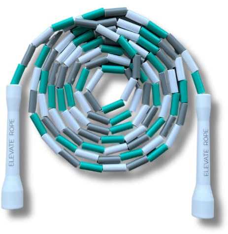 Elevate Beaded Jump Rope - Professional Jump Rope with an adjustable length up to max. 3 mt, thickness 3mm poly cord/8mm including perlen, weight 0.1 kg. (Weiß/Türkis/Silber)