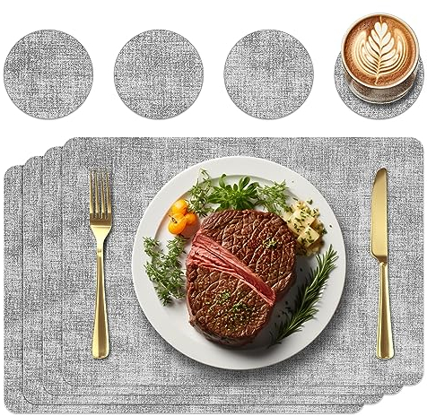 WAKOSAN Lot de 4 sets de table et dessous de verre en cuir lavables - Décoration de table - Lavables - Pour cuisine et table à manger - Rectangulaire - Blanc gris
