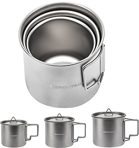 Tasse de Camping en Titane Set de Cuisine Cafetière Cuisinière de Camping avec Poignée Pliante pour Survivre à l’Extérieur avec Sac en Filet et Couvercle (350ml/11.84 fl oz)