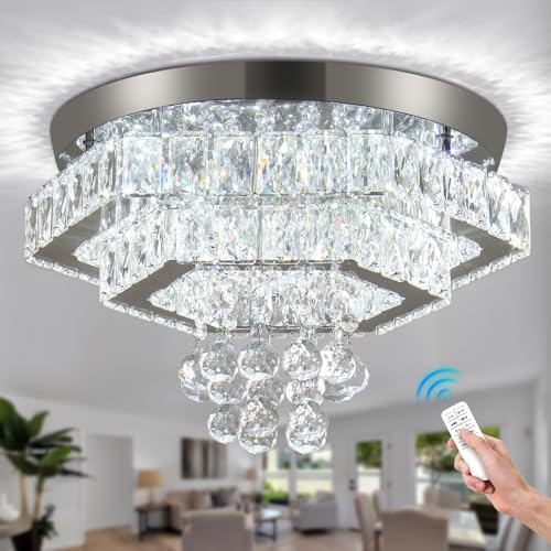 Cainjiazh Moderne dimmbare Kristall LED Deckenleuchte Moderne 2-Lagen Unterputz Deckenleuchte Kronleuchter Edelstahl Deckenleuchte für Wohnzimmer Esszimmer Schlafzimmer Flur
