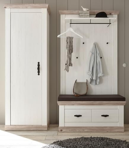 Garderobe in weiß Pinie und Oslo Pinie Landhaus Stil Flurgarderobe Flur Diele Set Kombination 3 teilig mit Garderobenschrank, Sitzbank und Garderobenpaneel 190 x 201 cm Rovola (Set 4)
