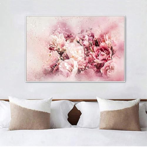YLHKME Abstrakte Aquarell Blumen Rosa Pfingstrose Bilder Leinwand Malerei, Moderne Wandbilder Wohnzimmer Schlafzimmer Deko Poster Kunstdrucke,Ohne Rahmen (Rahmenlos,80X120CM)