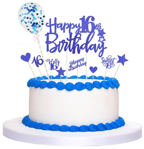 ALEGRE Tortendeko 16 Geburtstag Deko Junge Mädchen,10 Stück Glitzer Hello 16 Kuchendeko Geburtstag Junge,Happy 16 Birthday Cake Topper Blau,Kuchen Topper 16. Geburtstag,Sweet 16 Tortendeko Geburtstag