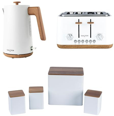 Salter Toronto Kettle, Toaster & Countertop Set – Includes Bread Bin, Tea, Sugar, Coffee Canisters, Rapid Boil, 4-Slice Wide Slots, Storage Canisters, Wooden Accents, Matt White, COMBO-9350