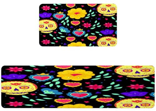 VAPOKF 2 Stück Küchenmatte, mexikanischer Zuckerschädel, Flora, Herz, rutschfest, waschbar, Bodenteppich, saugfähig, Küchenmatte, Läufer, Teppich für Küche, Flur, Waschküche
