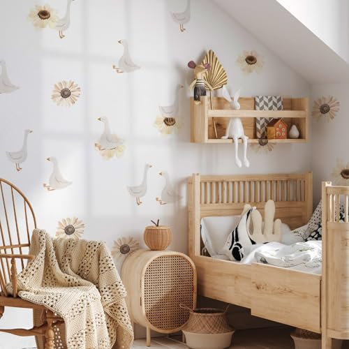 Funlife Boho Nursery Wandsticker Gänse Wandsticker Boho Tiere Weiß Wandaufkleber für Kinderzimmer Babyzimmer Spielzimmer Mädchen Junge, Gans und Gänseblümchen