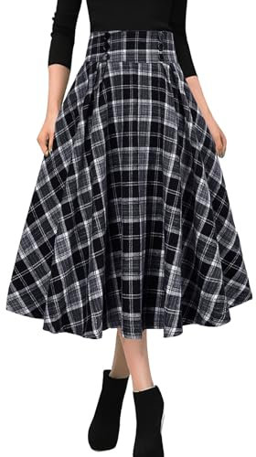 MGizo DtiSpectrum Jupes Plissées à Carreaux pour Femmes - Jupe Plissée Évasée à Taille Haute et Élastique à Boutons sur Le Devant Vintage en Tartan Mi-Longue