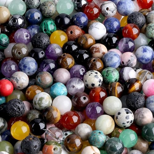 Jinpojun 60 Stück 8mm Naturstein Mehrfarbig Perlen zum Auffädeln, Runde Edelstein Perlen mit Loch für DIY Armband Halskette Schmuckherstellung