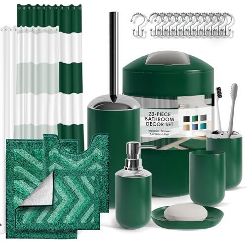 Clara Clark Bathroom Set - 23PC Shower Curtain Set with Bathroom Trash Can, Green Bathroom Set, Bathroom Sets with Shower Curtain and Green Rugs