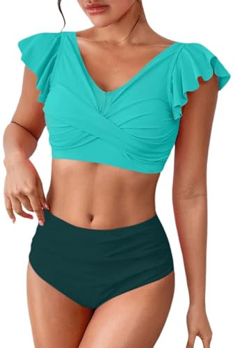 Generico Costume Piscina Donna Sexy Bikini Hot a Vita Bassa Triangolo e String Costume Donna Due Pezzi Bikini Set Imbottito Taglia Forte Costume Scollatura Profonda con Tulle Curvy Beachwear