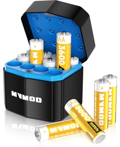 MVMOD Wiederaufladbare AA Akkus 12er-Pack mit Ladegerät, 1,5V 3600mWh AA Wiederaufladbare Lithium Batterien mit Integrierter Schnelles Aufladen Aufbewahrungsbox (2000 Zyklen) Gelb