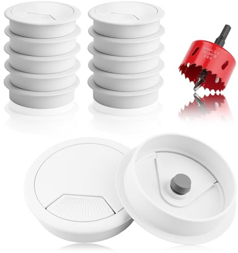 TXXATX 12 Stück Kabeldurchführung Schreibtisch 60mm Schreibtisch Kabeldurchführung Weiß Tisch Kabeldurchlass mit Lochsäge 60mm für Tische Büroarbeitsplatten Home-Office