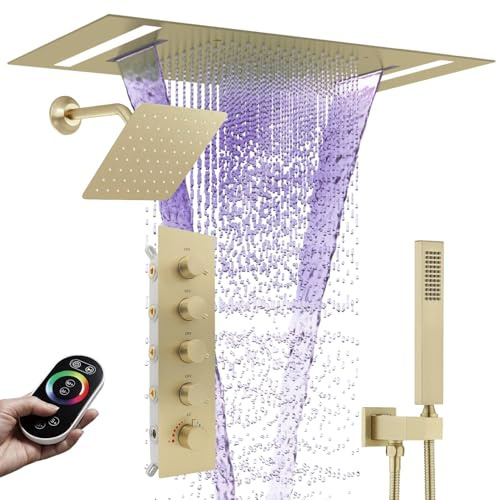 Delnet Dual Shower Head System, 2 in 1 Functions Ceiling Mount 14x20inch(35.6x50.8 cm) LED Rain Head, with 6 Inch Shower Head, Rainfall Waterfall Shower Set, Brushed Gold