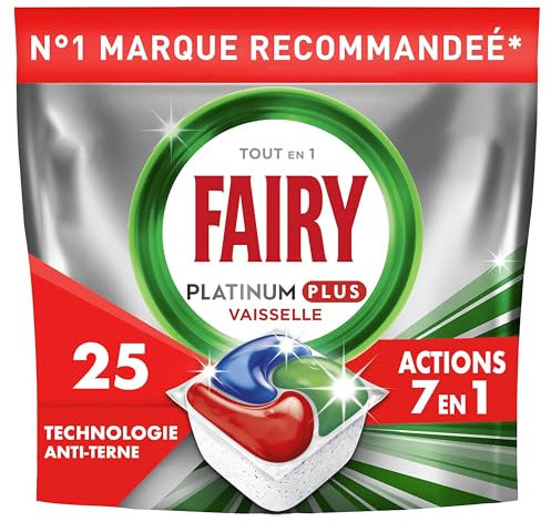 Fairy Platinum Plus Tablettes Lave-Vaisselle Tout En 1 Regular, Pack Familial 125 Capsules (5x25), Technologie Anti-terne, Redonne l'Éclat d'Origine, Efficace en Cycles Courts