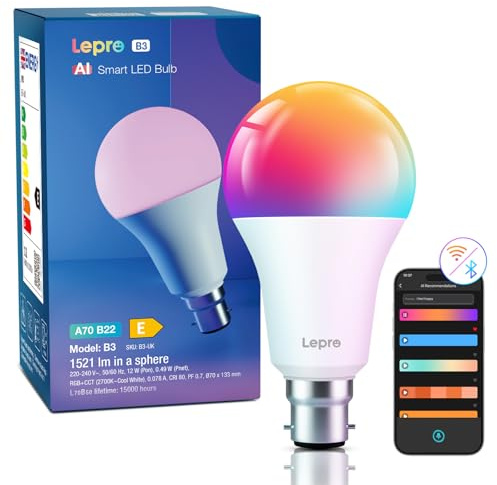 Lepro B22 AI Smart Bulb, 1520lm Dimmable WiFi LED Light Bulb, 12W=100W | RGB Colours Changing & Tunable White 2700K-5700K, App Control, Music Sync, Timer & Schedule, Works with Alexa & Google Home