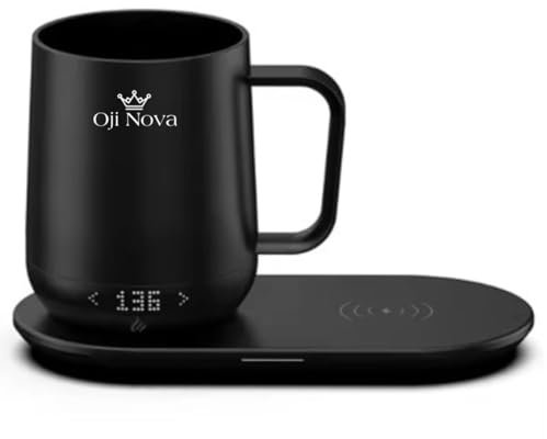 Oji Nova Tasse Intelligente Chauffante, Contrôle de Température 35-65°C, Base de Chargement sans Fil, Batterie 4000mAh, Noir