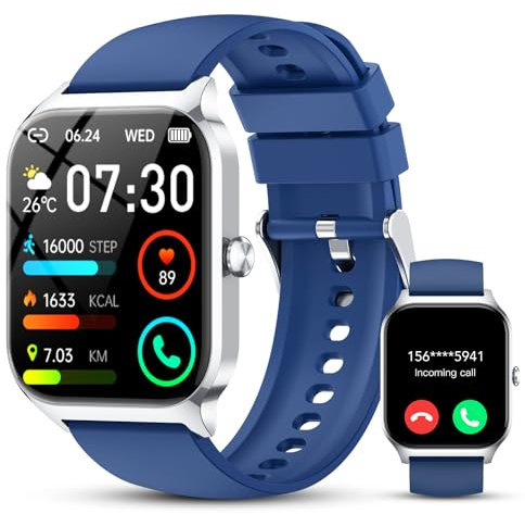 CASCHO Smartwatch Uomo Donna, 1.85'' Orologio Smartwatch con Effettua/Risposta Chiamate, 115+ Sportive Smart Watch con Contapassi/Sonno/Cardiofrequenzimetro, IP68 Fitness Tracker per iOS Android, Blu