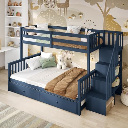 Flair Furnishings - Triple Bunk Bed for Kids with Trundle Bed, Integrated Staircase with Built-In Storage, Heavy Duty, Sleek and Stylish (Navy Blue)