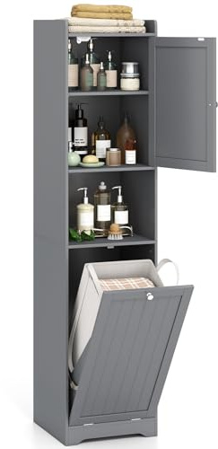 GOPLUS Badezimmerschrank mit Wäschekorb, Badschrank mit Abnehmbarem 48L-Wäschesack, Hochschrank mit Verstellbares Regal & Tür & Schublade, für Badezimmer, Waschküchen, 40 x 40 x 170 cm (Grau)