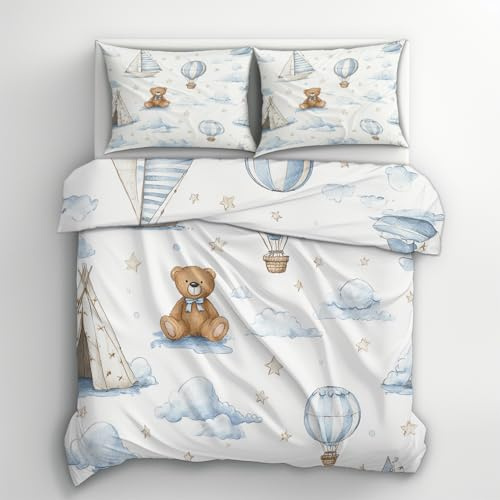 Generico Copripiumino Singolo Orsetto Mongolfiere Bambini, Set di Biancheria da Letto in Microfibra 2 Pezzi, Parure Copri Piumino 135x200 e 1 Federa 50x80 con Cerniera U140